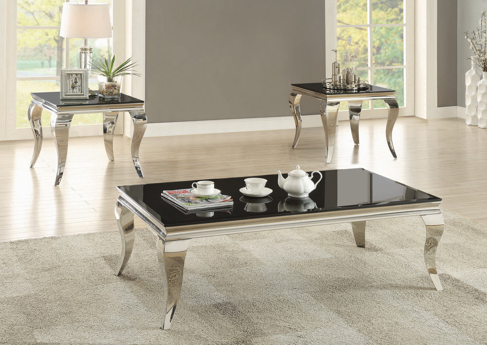 Carone 3-Pc Black Glass/Chrome Metal Coffee Table Set