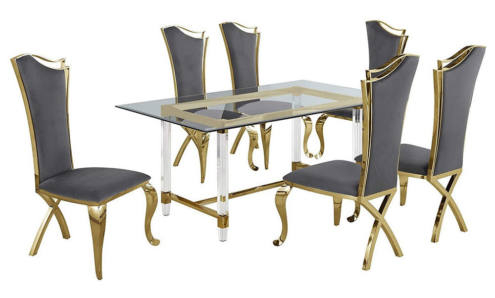 Aenor 7-Pc Dark Gray Velvet Dining Table Set