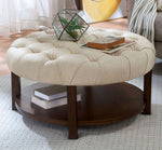 Alferia Beige Fabric/Walnut Wood Round Ottoman