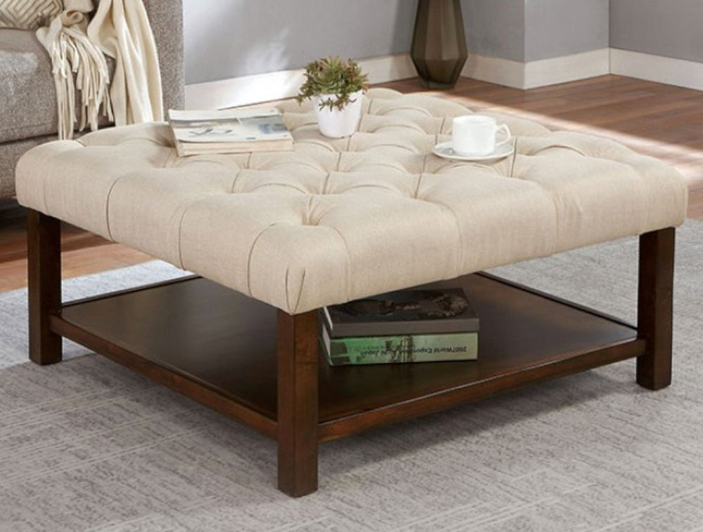 Alferia Beige Fabric/Wood Square Ottoman