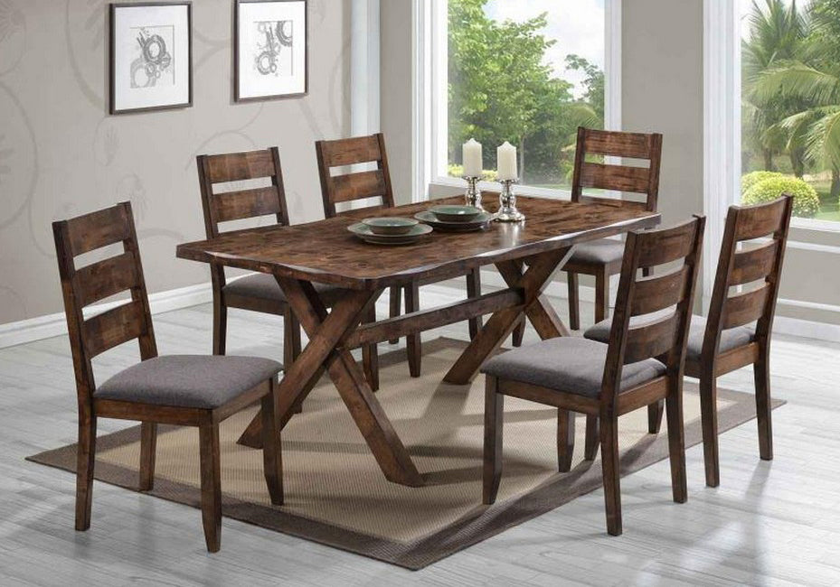 Alston 7-Pc Knotty Nutmeg Wood/Grey Fabric Dining Table Set