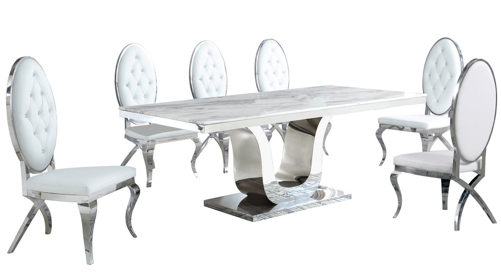 Bellamy 7-Pc White Marble/White Faux Leather Dining Table Set