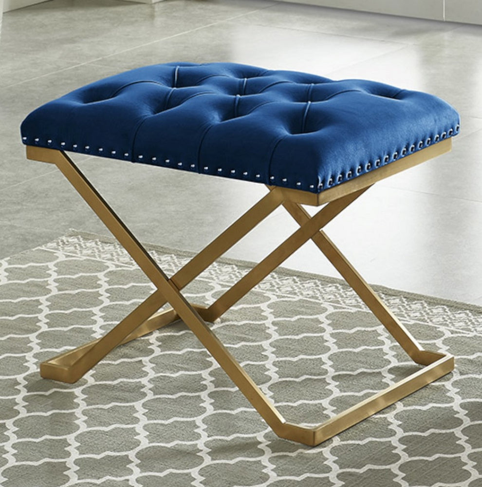 Anke Blue Velvet/Gold Metal Tufted Bench