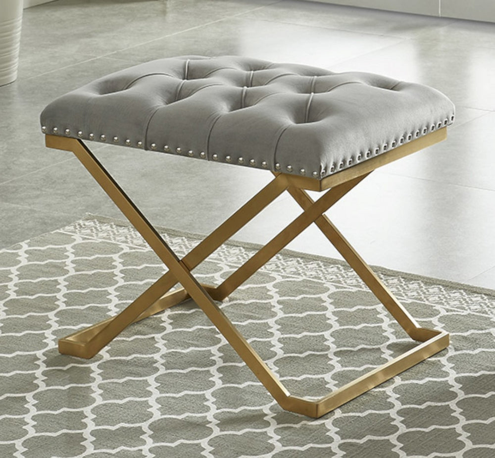 Anke Grey Velvet/Gold Metal Tufted Bench