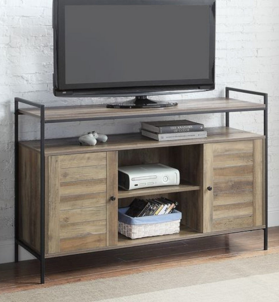 Baina Rustic Oak Wood/Black Metal TV Stand with Open Shelves