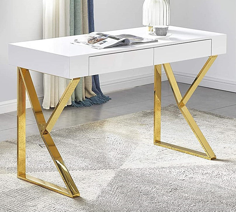 Benson White Wood/Gold Metal Computer Desk