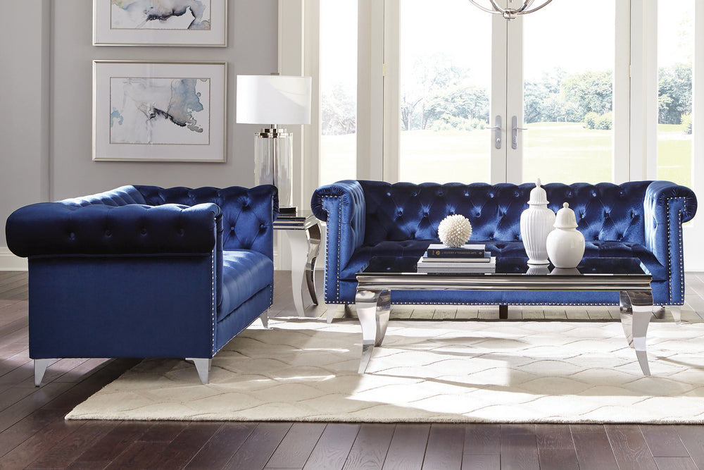 Bleker 2-Pc Blue Velvet Button Tufted Sofa Set