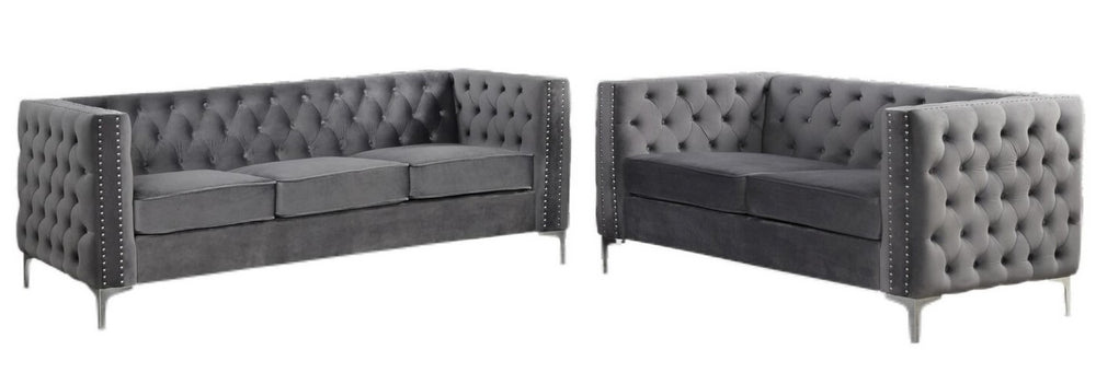 Chantria 2-Pc Grey Velvet Tufted Sofa Set