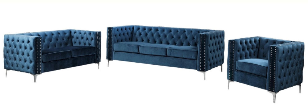 Chantria 3-Pc Blue Velvet Tufted Sofa Set