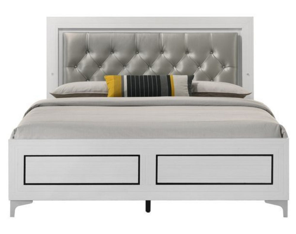 Casilda White Wood/Gray PU Leather Queen Bed with LED Lights