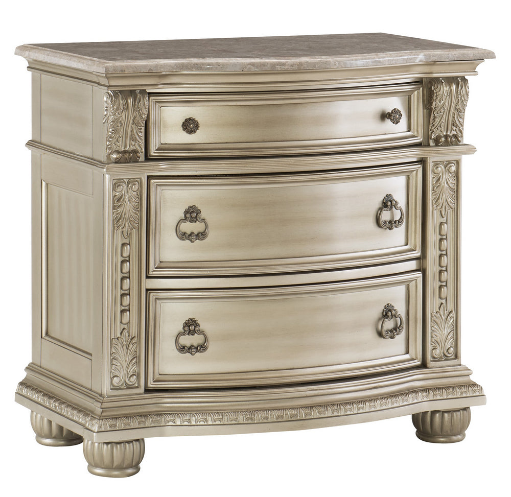 Cavalier Silver Wood/Genuine Marble 3-Drawer Nightstand