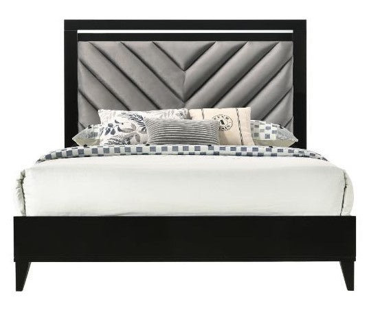 Chelsie Black Wood King Bed with Gray Fabric Headboard