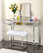 Coleen 3-Pc Chrome Metal/Clear Glass Vanity Table Set