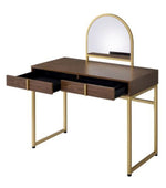 Coleen Walnut Wood/Gold Finish Metal Vanity Table with Mirror