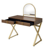 Coleen Walnut Wood/Gold Metal Vanity Table with Mirror