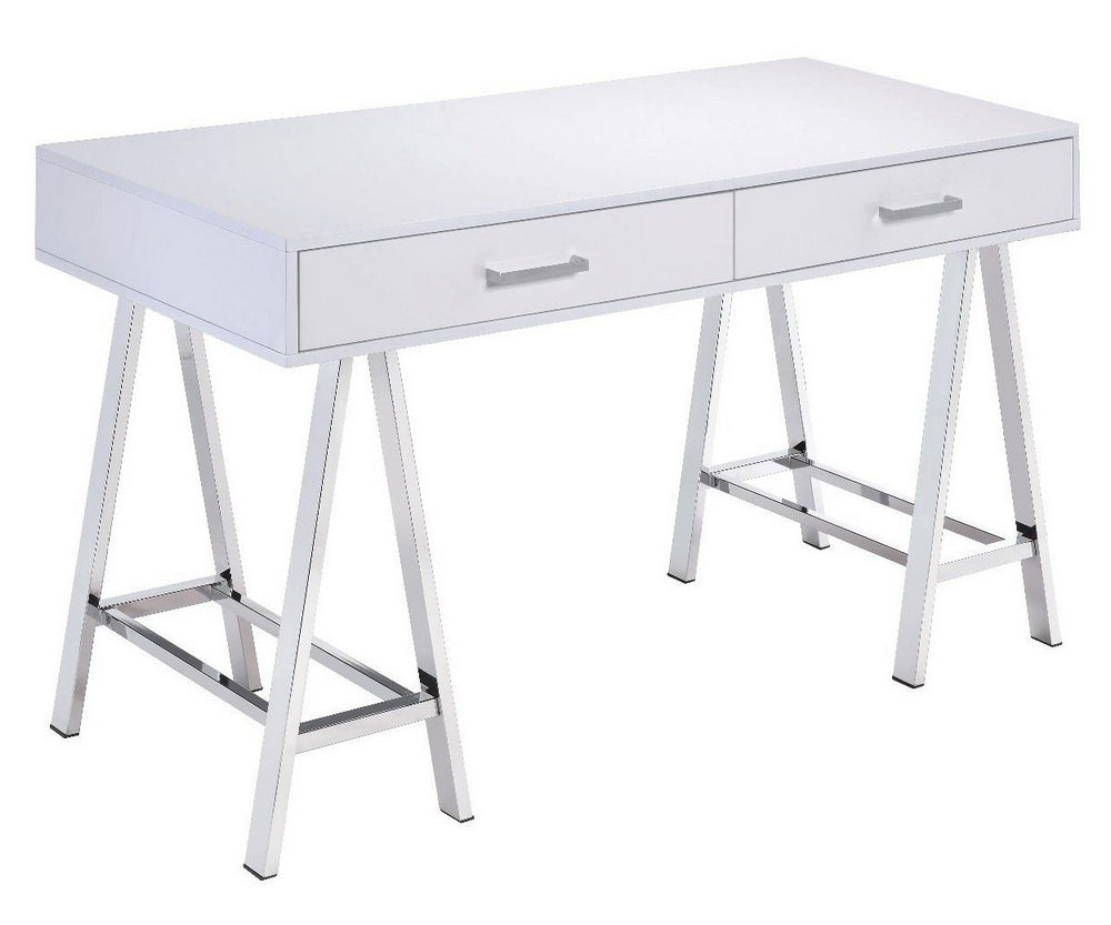 Coleen White High Gloss Wood/Chrome Metal Writing Desk with USB