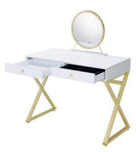 Coleen White Wood/Gold Metal Vanity Table with Mirror