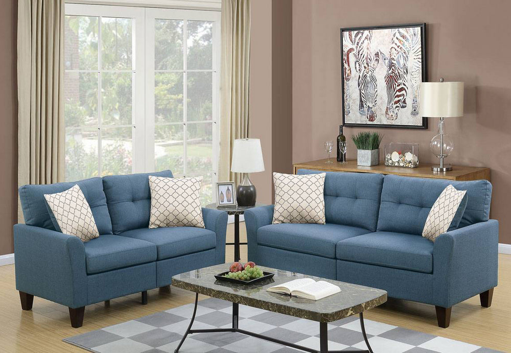 Coline 2-Pc Blue Glossy Polyfiber Sofa Set