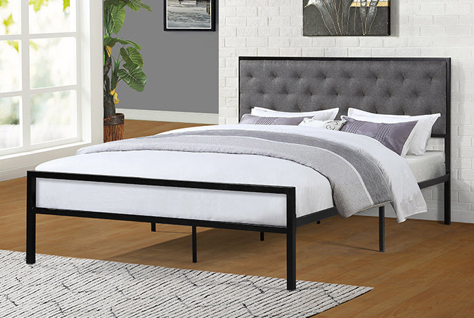 Cooper Gray Linen Fabric/Black Metal Queen Platform Bed