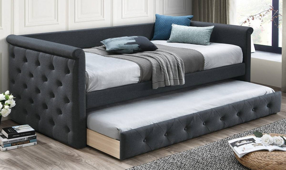 Corina Charcoal Burlap Button Tufted Twin Daybed w/ Trundle