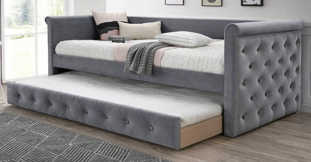 Corina Grey Burlap Button Tufted Twin Daybed with Trundle