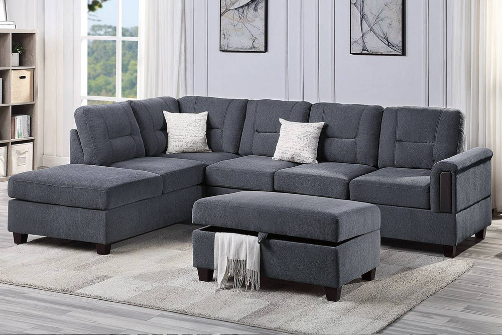 Dara Charcoal Chenille Reversible Sectional w/Ottoman