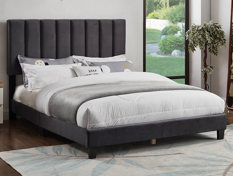 Dipali Dark Grey Velvet Channel Tufted Full Bed