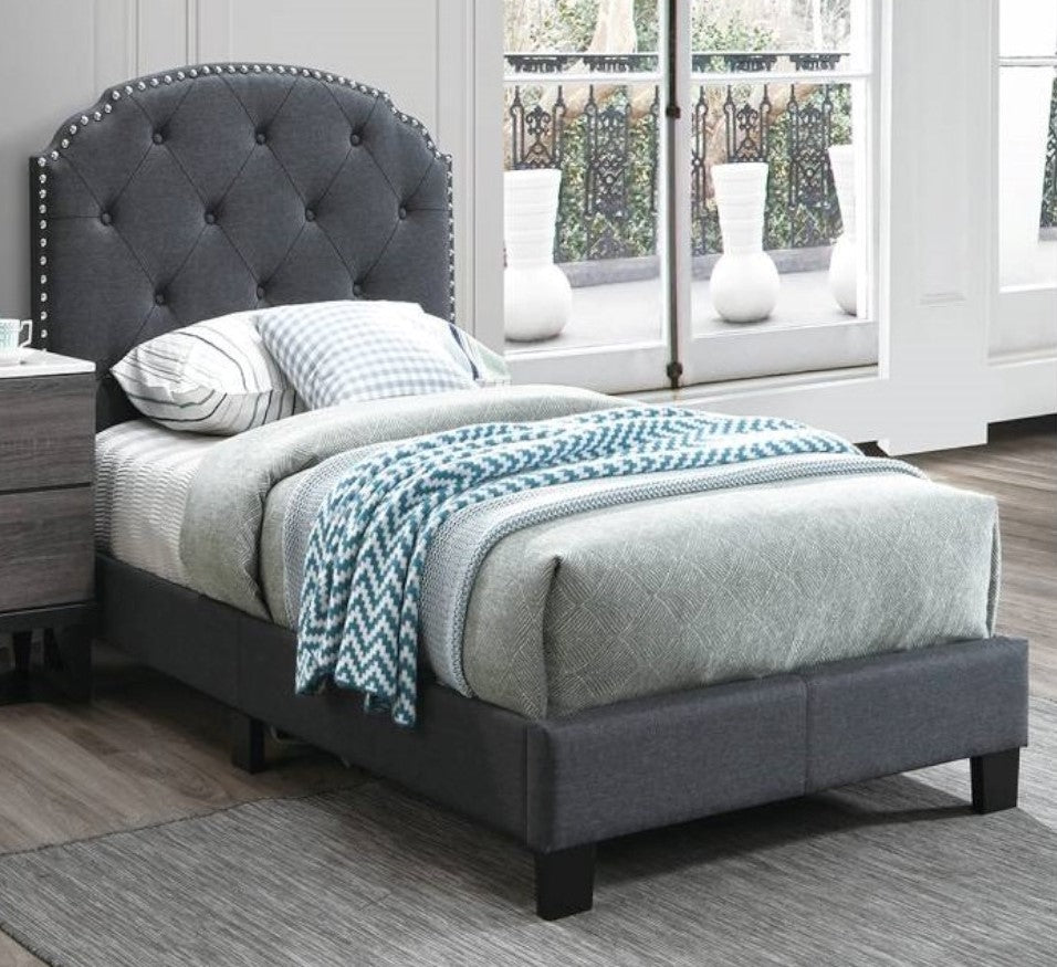 Enni Charcoal Burlap Full Bed with Button Tufted Headboard