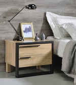 Erasto Oak Wood/Black Metal 2-Drawer Nightstand