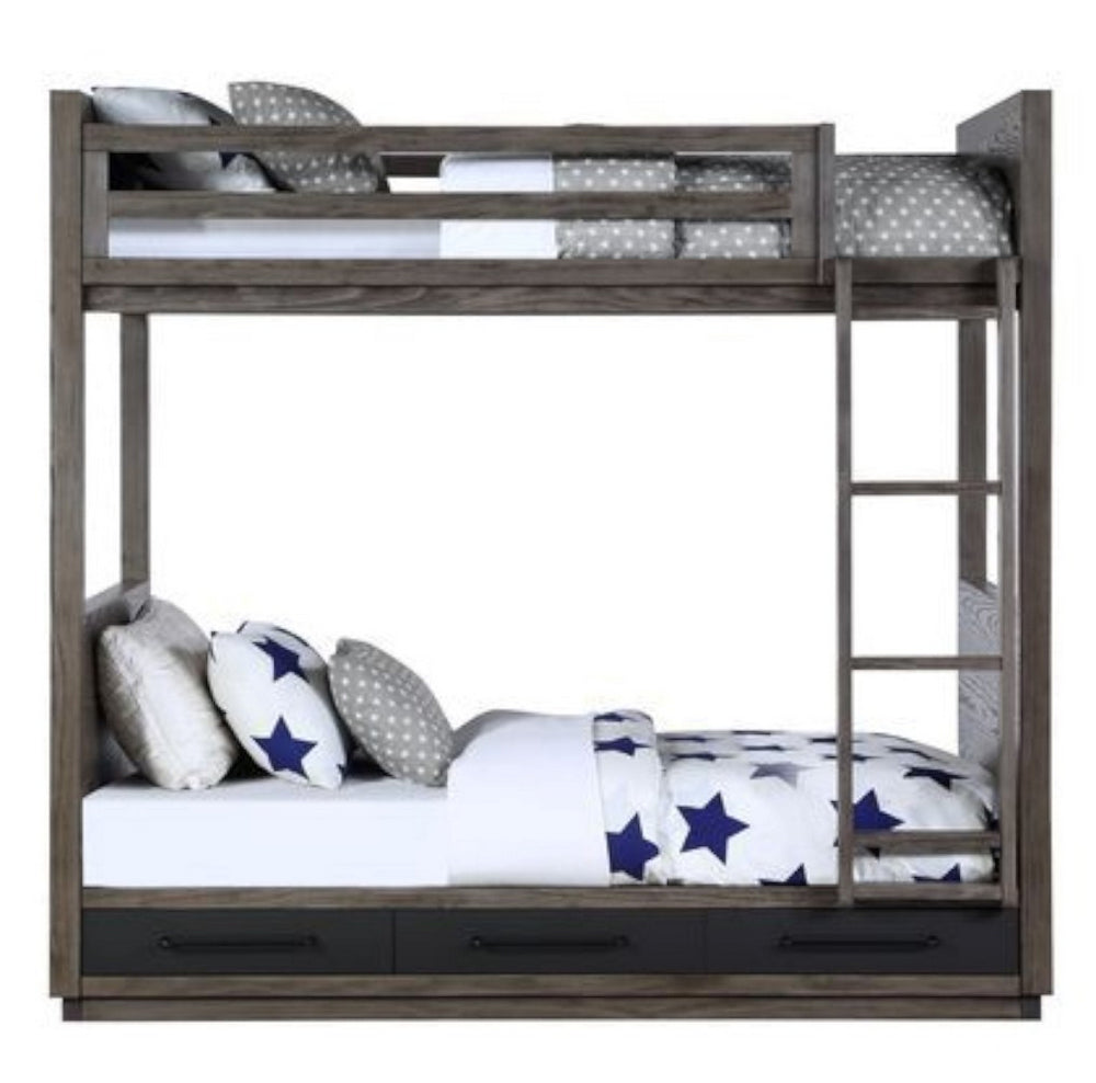 Estevon Gray Oak Wood Twin Bunk Bed with Drawers