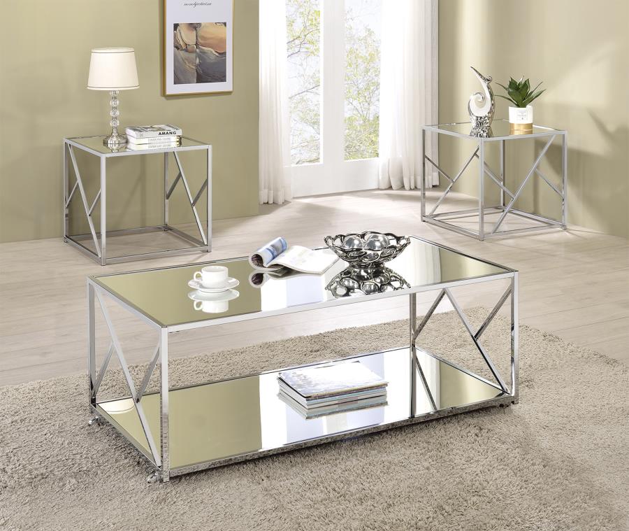 Evelynn 3-Pc Clear Mirror/Chrome Metal Coffee Table Set