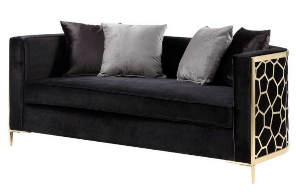 Fergal Black Velvet Loveseat with Geometric Patterned Sides