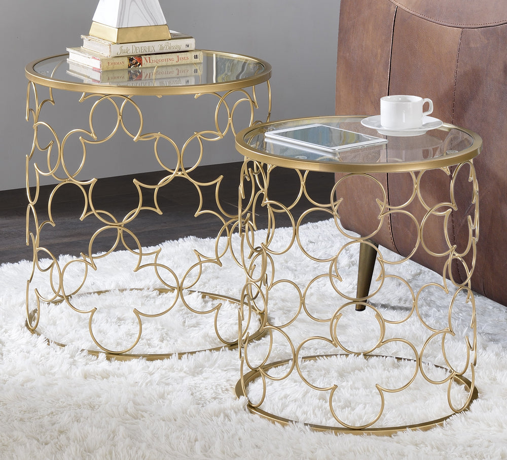 Flowie 2-Pc Clear Glass/Gold Metal Nesting Table Set