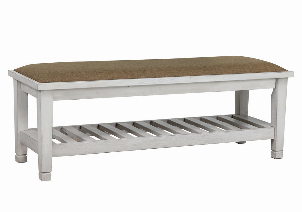 Franco Brown Fabric/Antique White Wood Bench