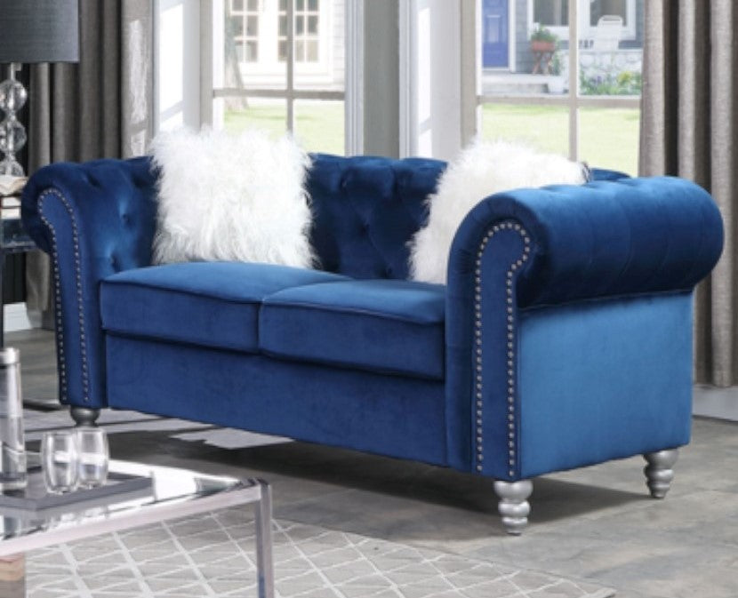 Freya Blue Velvet Tufted Loveseat