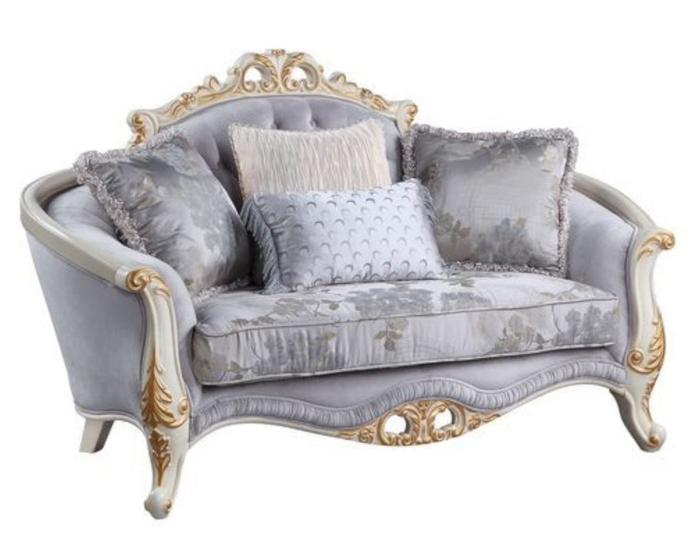 Galelvith Gray Fabric Loveseat with Gold Accent Trim