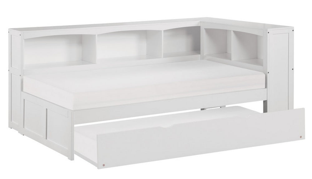 Galen White Twin Bed with Trundle & Bookcase Headboard