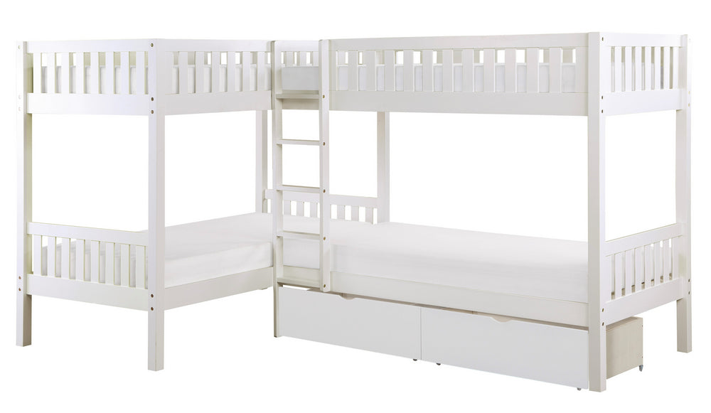 Galen White Wood Corner Twin Bunk Bed with Drawers