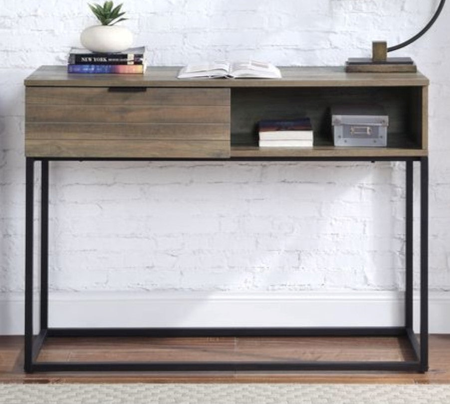 Galeno Rustic Oak Wood/Black Metal Writing Desk with Drawer