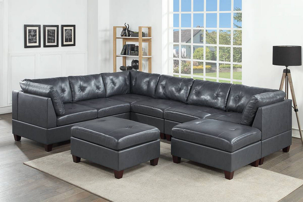 Gargi Black Leather Modular Sectional with Ottomans