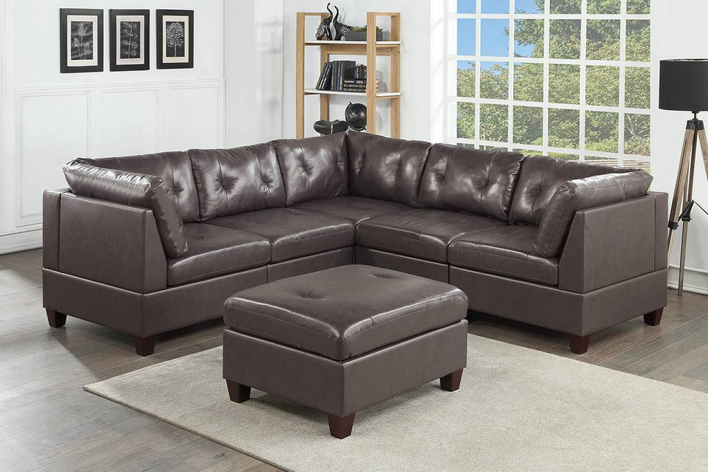 Gargi Dark Coffee Leather Modular Sectional with Ottoman