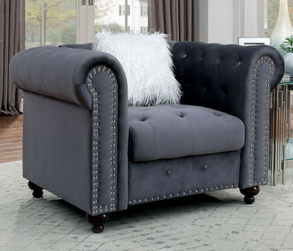 Giacomo Gray Velvet-Like Button Tufted Chair