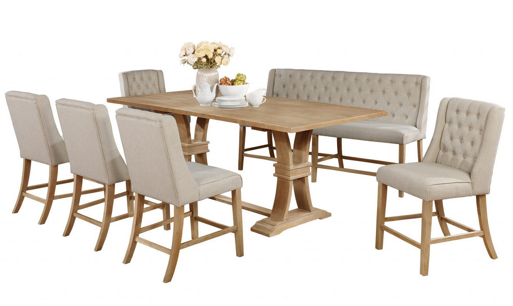 Gisselle 7-Pc Rustic Oak Wood/Beige Linen Counter Height Table Set