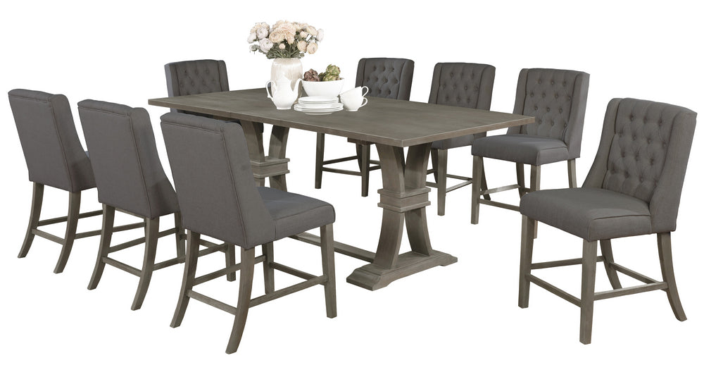 Gisselle 9-Pc Rustic Gray Wood/Gray Linen Counter Height Table Set