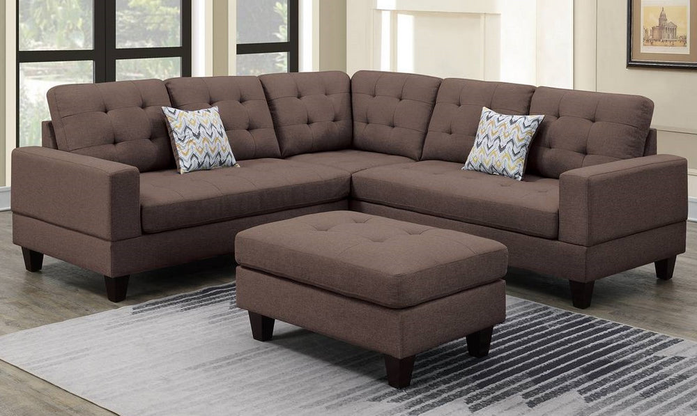 Golzar Dark Coffee Fabric Sectional Sofa with Ottoman