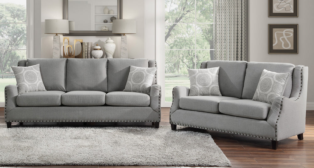 Halton 2-Pc Gray Fabric Sofa Set with Nailheads