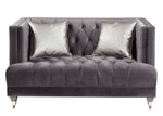 Hegio Gray Velvet Button Tufted Loveseat with 2 Pillows