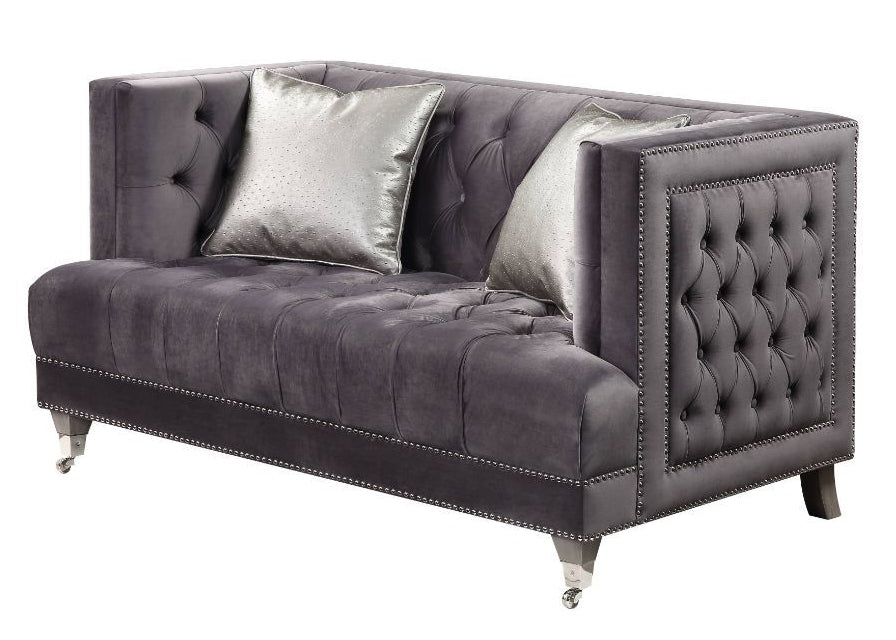 Hegio Gray Velvet Button Tufted Loveseat with 2 Pillows