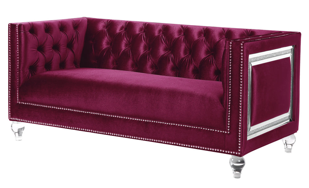 Heibero Burgundy Velvet Tufted Loveseat with Mirrored Trim Accent