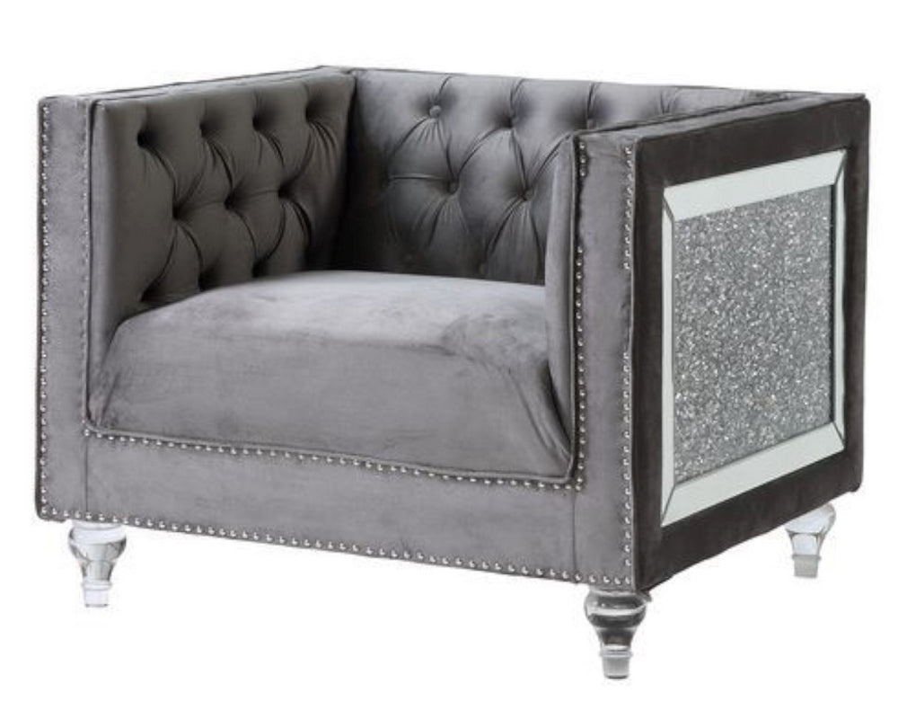 HeiberoII Gray Velvet Chair with Mirror & Faux Diamond Trim